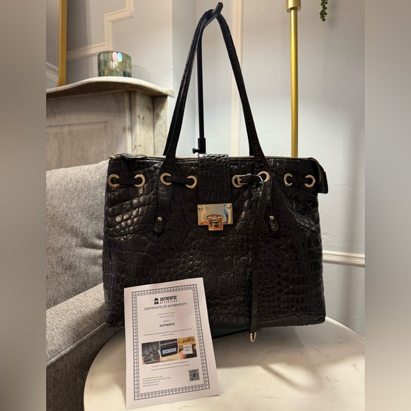 Jimmy Choo Handbags - JIMMY CHOO Vintage Rhea Dark Brown Crocodile-Embossed Patent Leather Tote Bag